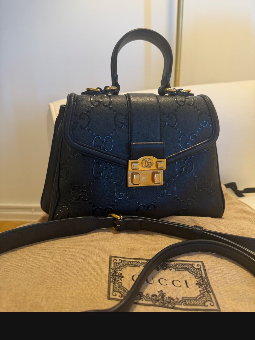 Gucci Small Black GG Embossed Leather Top-Handle Bag with Gold Hardware
